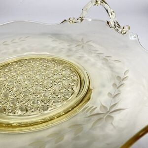 Vtg Lancaster Cane Landrum Depression Glass Platter Plate Yellow Etched Floral